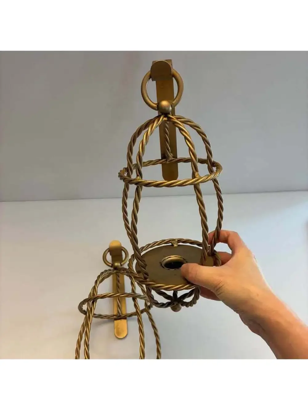 Pair Vintage Twisted Rope Metal Birdcage Wall Sconces Green Glass Candle Holders